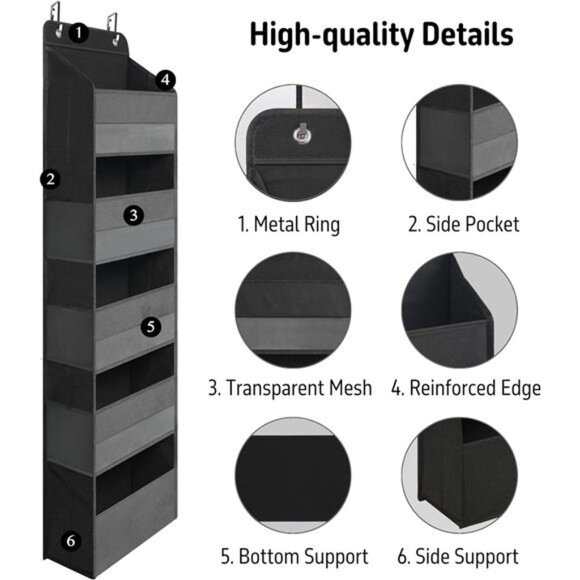 Over Door Organizer 5 Large Pockets Hanging Storage Closet Bathroom Dorm Black - Picture 3 of 7